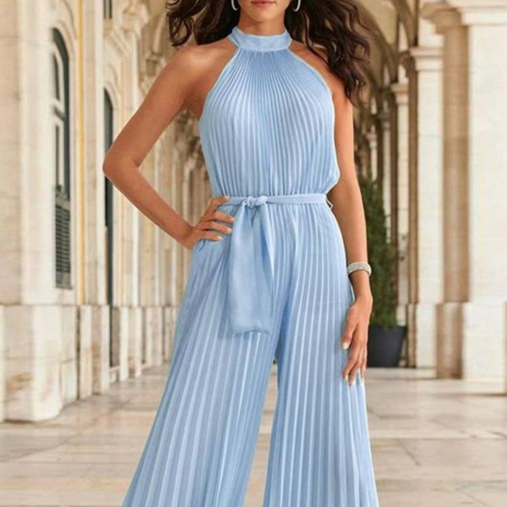 Sky Blue Long Pant Jumpsuit with Mock Halter Neck and Sleeveless